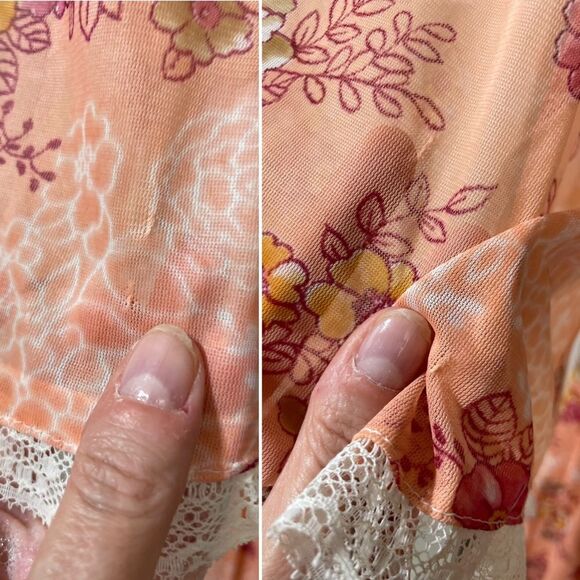 Vintage 70s Peach Floral Lace Trim Maxi Dress Goddess Cottage Core Gown XS S 2 4 - Picture 16 of 16